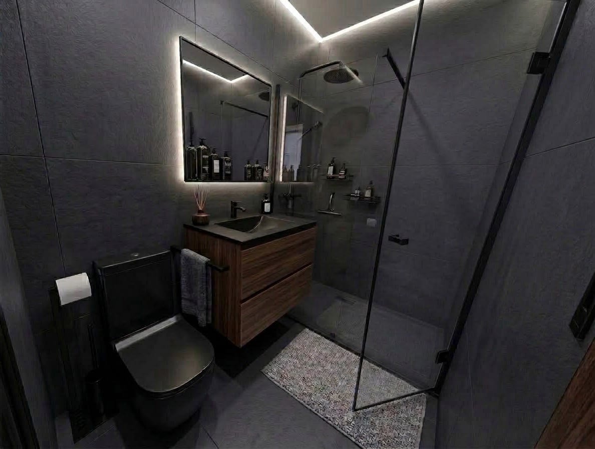 Baño moderno en tonos oscuros con mueble de madera y ducha con mampara — Vitoria